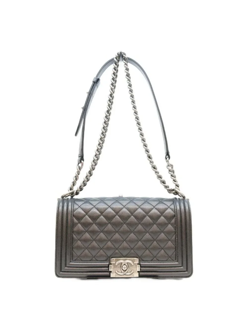 Chanel Black Caviar Silver Boy 25 Medium Chain Shoulder Bag